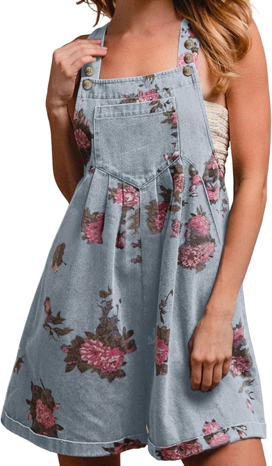 chouyatou Women's Summer Embroidered Floral Denim Short Overalls Workout Sleeveless Jean Romper with Pockets