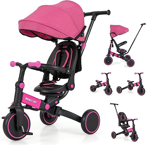 HONEY JOY Triciclo, bicicleta 8 en 1 para niños pequeños con mango de empuje ajustable y toldo, asiento reversible, pedal extraíble y ruedas