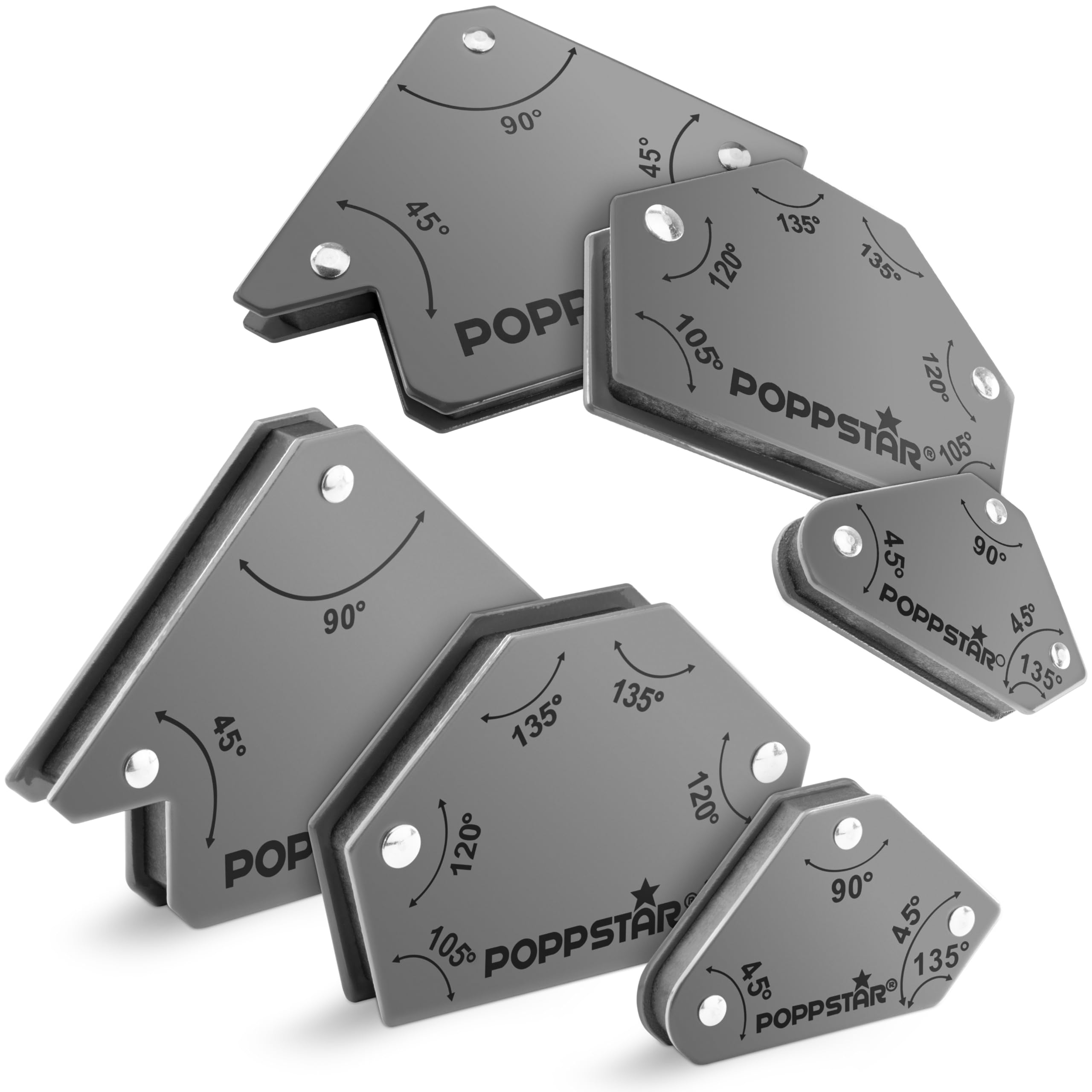 Poppstar Magnetic Square Welding Angle 2 x 4 kg - 45/90/135°, 2 x 11.3 kg - 30/45/60/75/90/135°, 2 x 11.3 kg - 45/90/135°, Set of 6, Grey