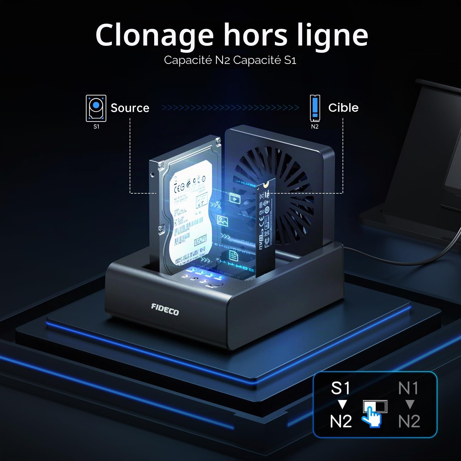 FIDECO Station d'accueil Cloneur pour HDD et SSD NVMe M.2, USB 3.2 Gen 2 (10Gbps), Station Cloneur à 3 Baies pour SSD NVMe M.2 et Disques Durs SATA 2,5"/3,5", avec Ventilateur Rabattable