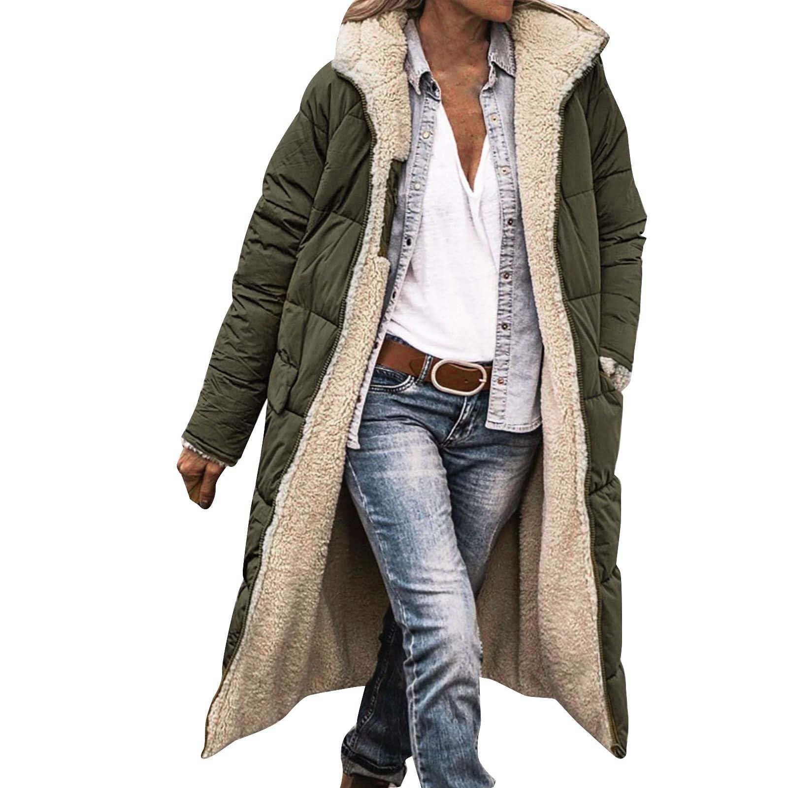 Lockenstab Women's Army Green Winter Coats For Uk Fleece Lined Warm Outerwear Padded Puffer Jackets Quilted Down Coat Full Zip Hooded Longline Raincoat Jacket(,Large)