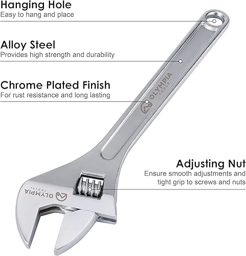Vista 29 de Olympia Tools Llave ajustable de 15 pulgadas, acero forjado de alta resistencia, cromado, mandíbulas mecanizadas de precisión, resistente a