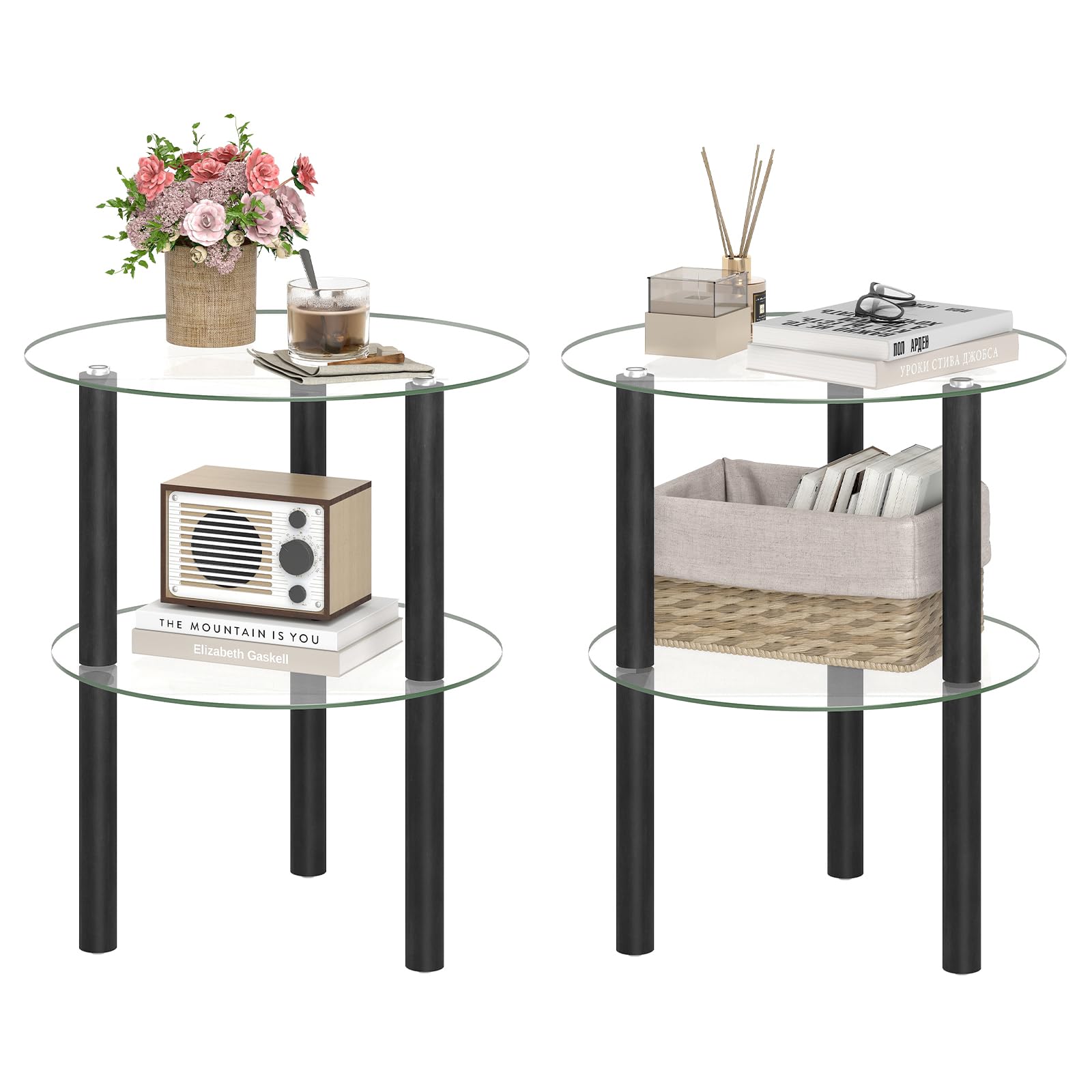 GIANTEX Round End Table Set of 2, 2-Tier Sofa Side Table with Clear Tempered Glass Top &amp; Shelf, Small Accent Table with Solid Rubber Wood Legs for Living Room Bedroom Home Office (Black &amp; Clear)