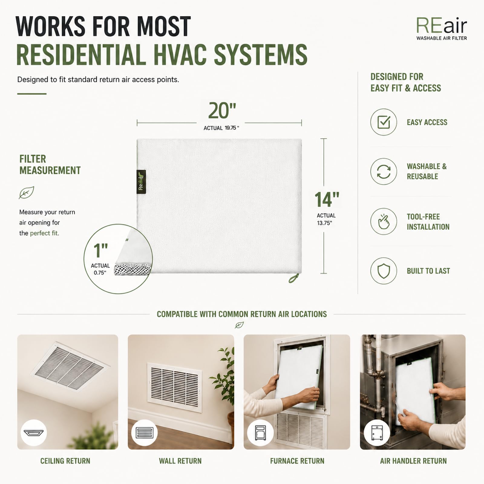 Reair Filtro dell'aria 14 x 20 x 1, filtro dell'aria lavabile e riutilizzabile, 35 x 50 x 2 cm, per forno AC HVAC, filtri dell'aria MREV 8, lavabile in lavatrice e adatto all'asciugatrice, filtro
