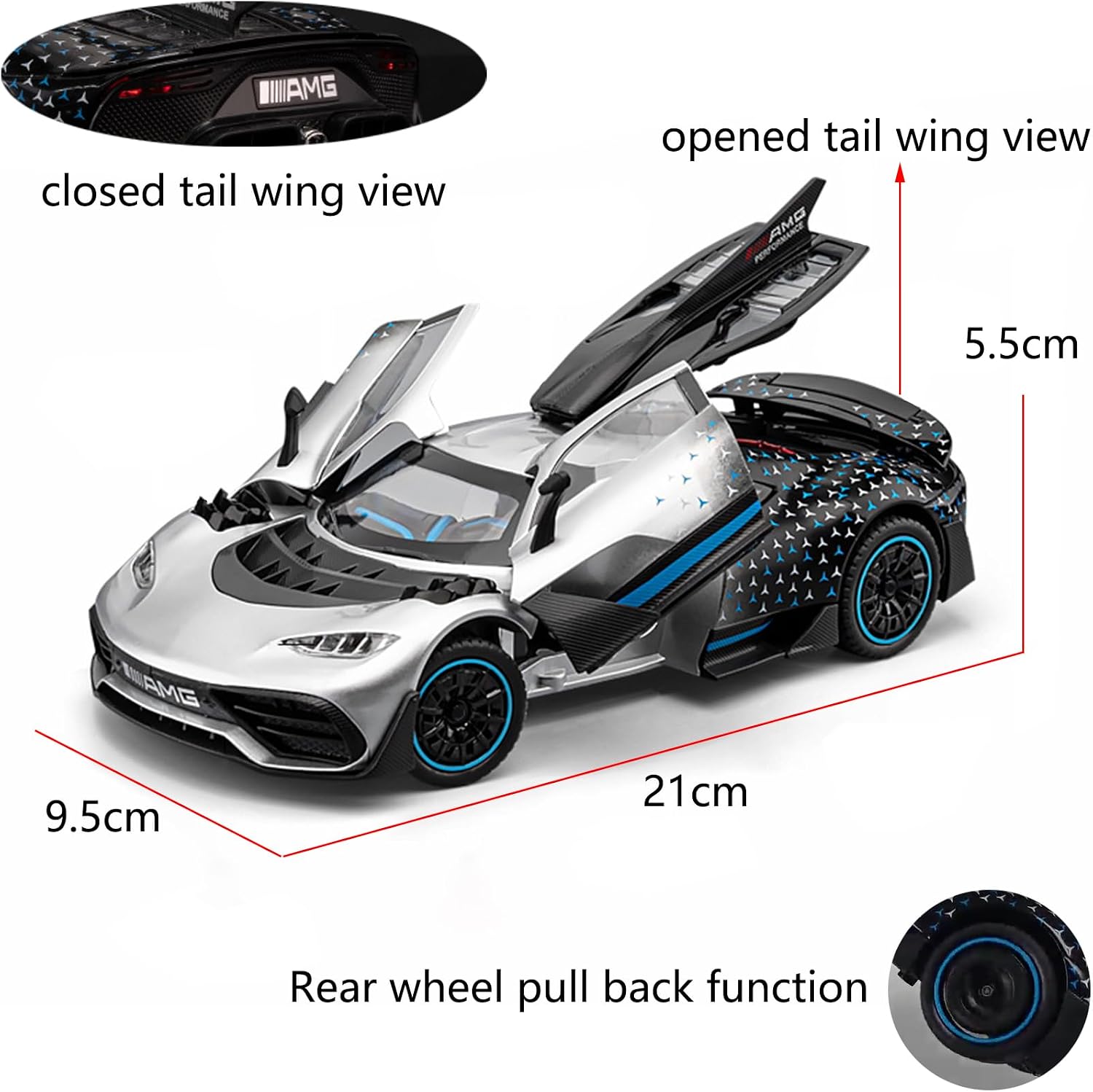 iLooboo Toy Car Model 1/24 Silver AMG ONE Alloy Collectible Vehicle Pull Back Die-Cast with Lights and Sound