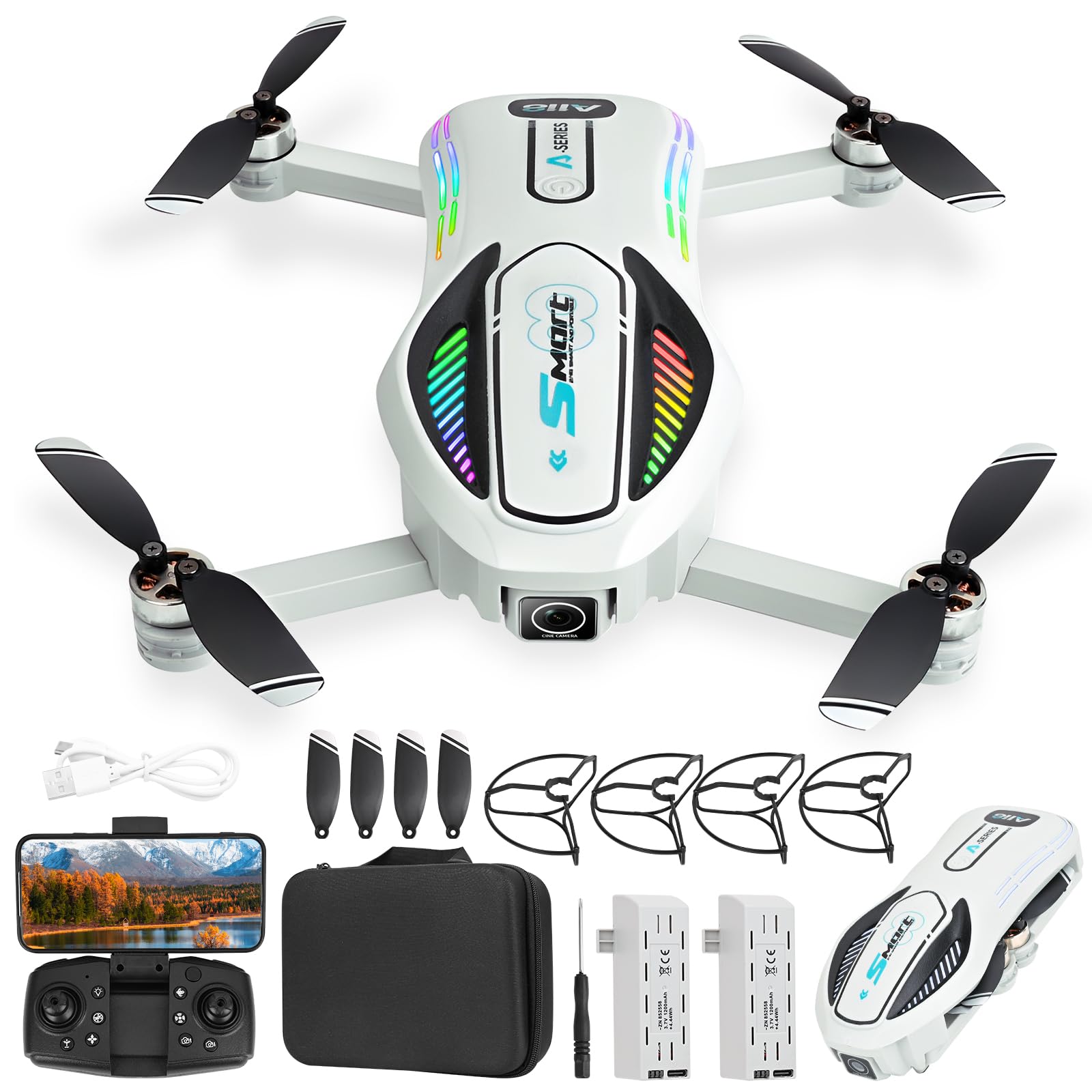 Dron con 2 Cámara 4K HD, GuKKK RC Quadcopter Drone Plegable para Principiantes, 90°Eléctrica ajustable FPV Dron, 2 Baterías, Bolsa Portátil, Juguetes para Niños y Niñas Regalos Navidad (Blanco)