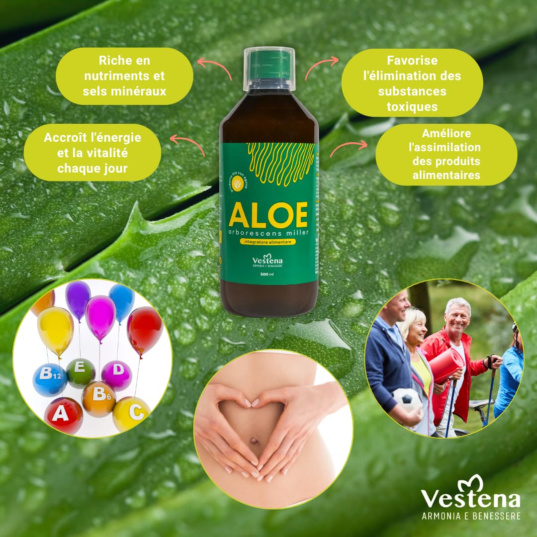 Vestena - Aloe Arborescens avec Agave 100% Pur, Naturel - Recette Père Zago. Jus Détox Naturel pour Foie et Intestins, Drainant Puissant Minceur - 500 ml - Made in Italy