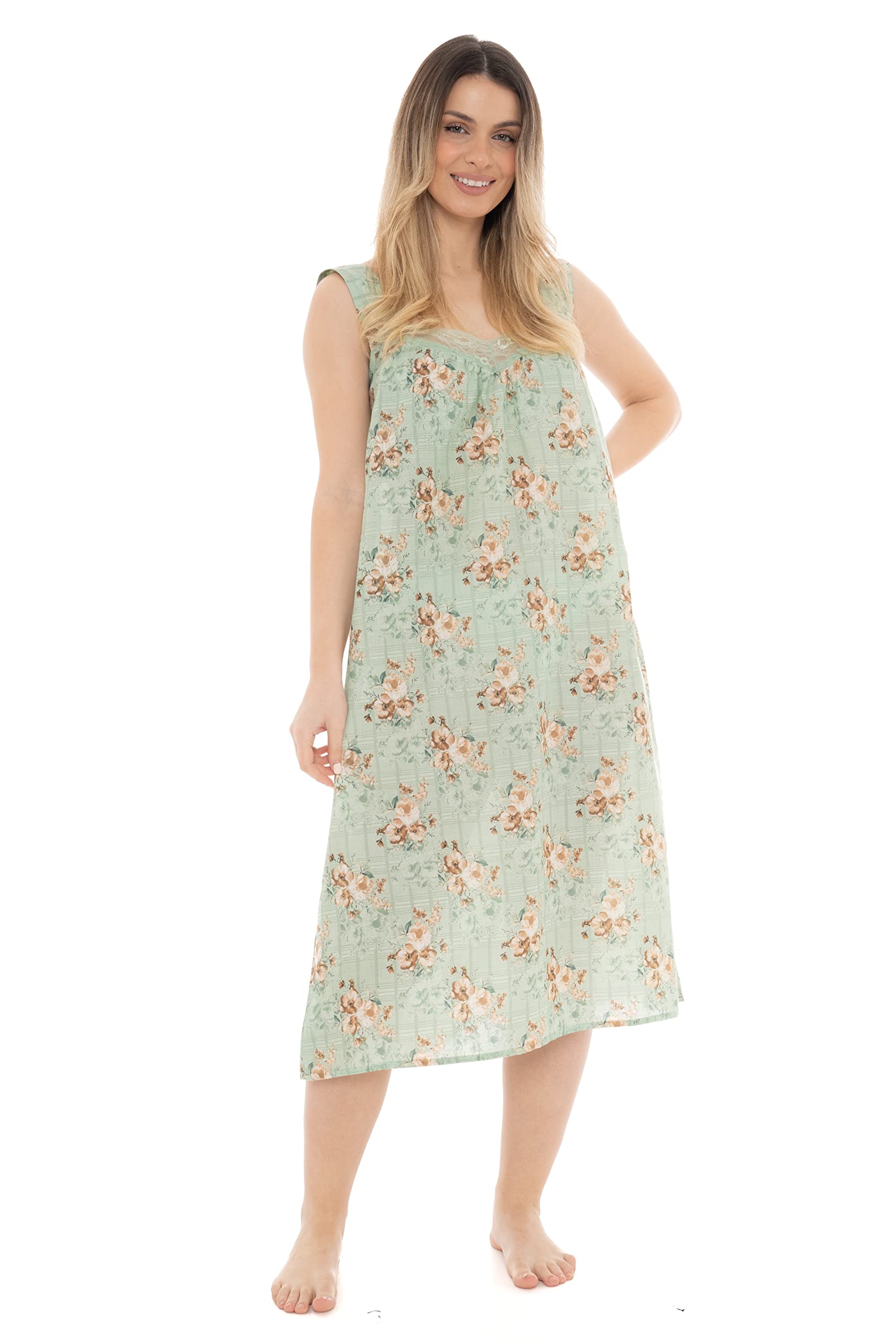 I-Smalls Women's Mint Sleeveless Nightdress Long Length Cotton Rich Floral Pattern (M - 6XL) (4Xl)