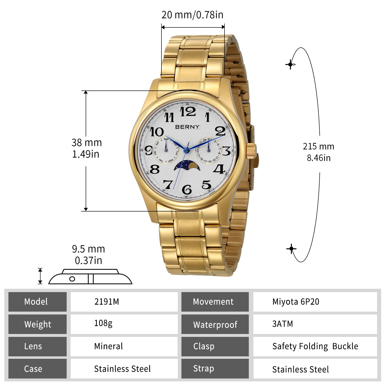 BERNY Orologio da uomo in oro con fasi lunari, orologio da polso al quarzo, multifunzione, facile da leggere, quadrante con numeri arabi, quadrante analogico, cassa in acciaio inox, sub-dail con data