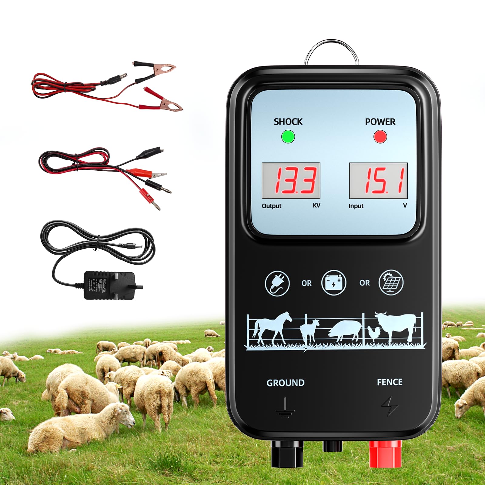 Energizzatore elettrico per recinzione elettrica, 12 V 2J, portata 15 km, IP44, tester per recinzione elettrica, isolanti, kit resistente alle intemperie per cavalli, bovini, maiali, capre