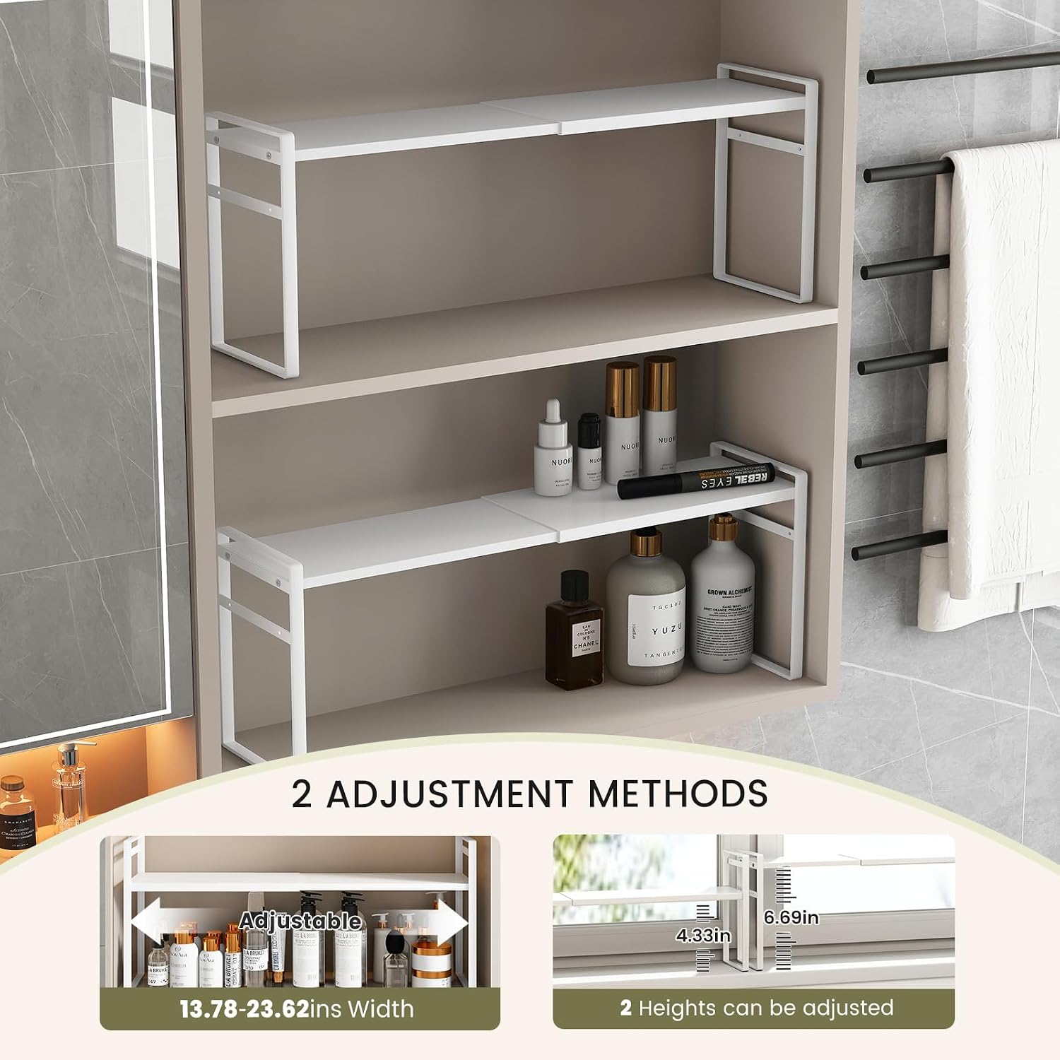 1pcs Medicine Cabinet Organizer Stretchable Storage Box for Bathroom Stackable Mirror Cabinets Vanity Small Narrow Shelf Slim Trays Holder (White, Normal)