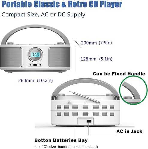 Miniatura 5 de Reproductor de CD Radio Portátil con Bluetooth, Radio FM, Control Remoto, Entrada USB y Conector de Auriculares de 3.5mm AUX, Reproducción de