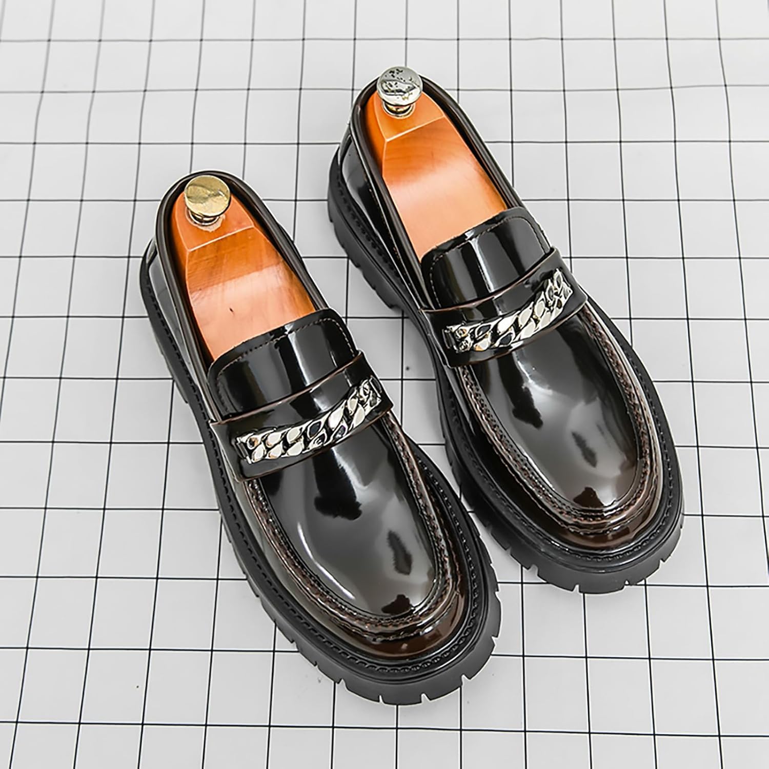 Men's Dress Loafers Fashion Patent Leather Chunky Heel Tuxedo Shoes with Chain Decor,Lug Sole Platform Non-Slip Comfort Slip-On Business Loafer Shoes for Work Office