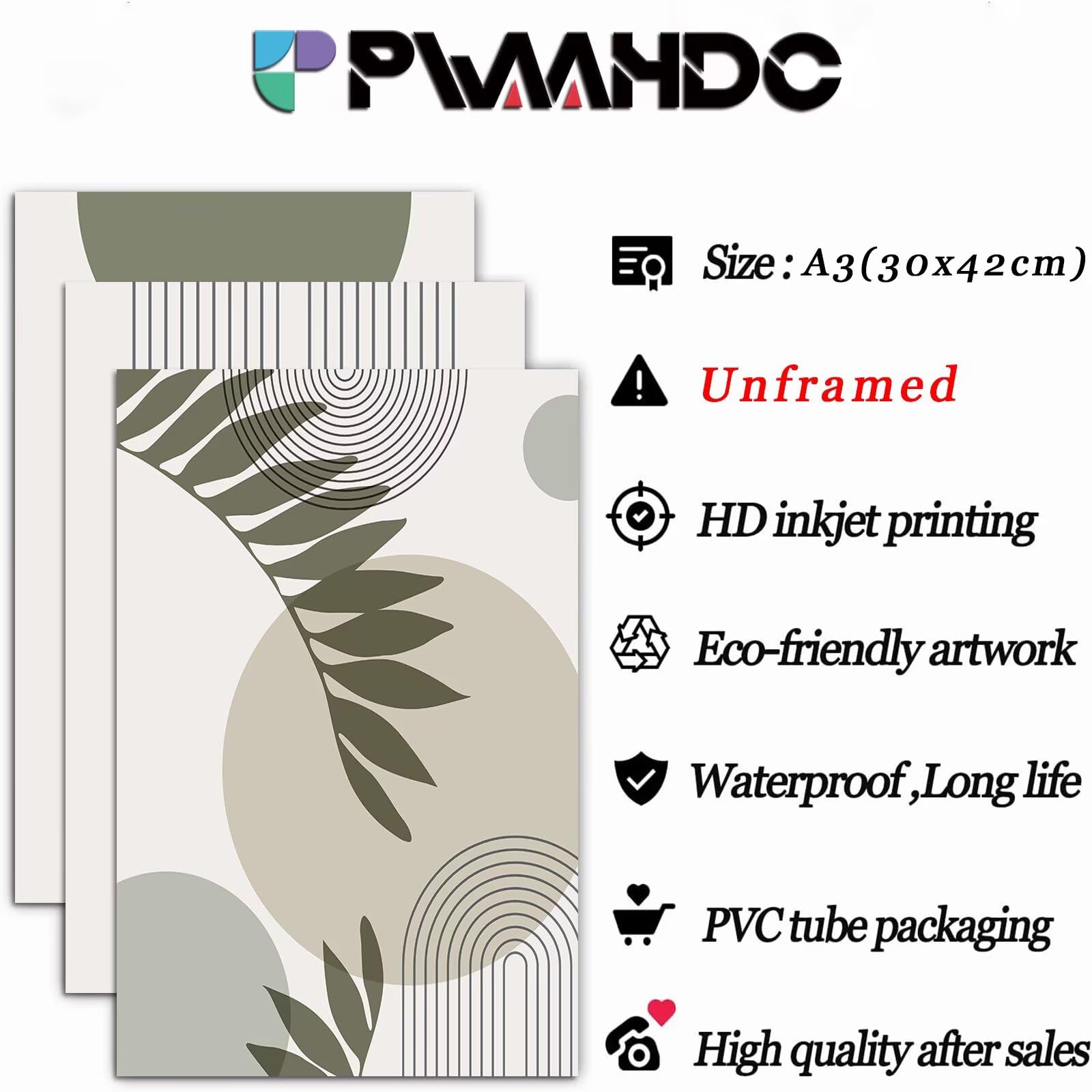PWAAHDC Sage Green Wall Art Set of 3 - Boho Pictures for Living Room and Bedroom Decor, Modern Canvas Prints posters (Unframed A3) — view 2