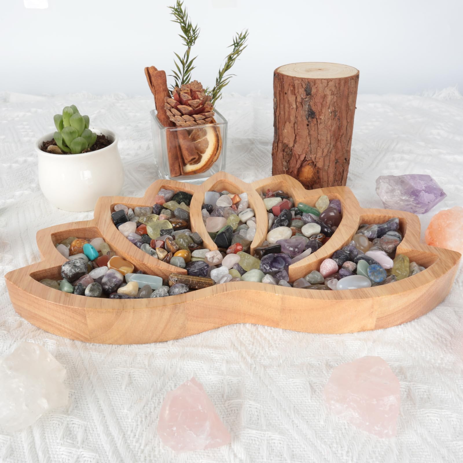 vassoio espositore in legno per pietre a forma di loto (per gioielli, cristalli, minerali)