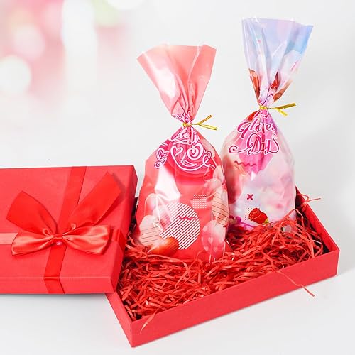 Miniatura 7 de idolpack Paquete de 50 bolsas de celofán para el día de San Valentín con 50 lazos torcidos, bolsas de violonchelo con corazón rojo, bolsas de dulces