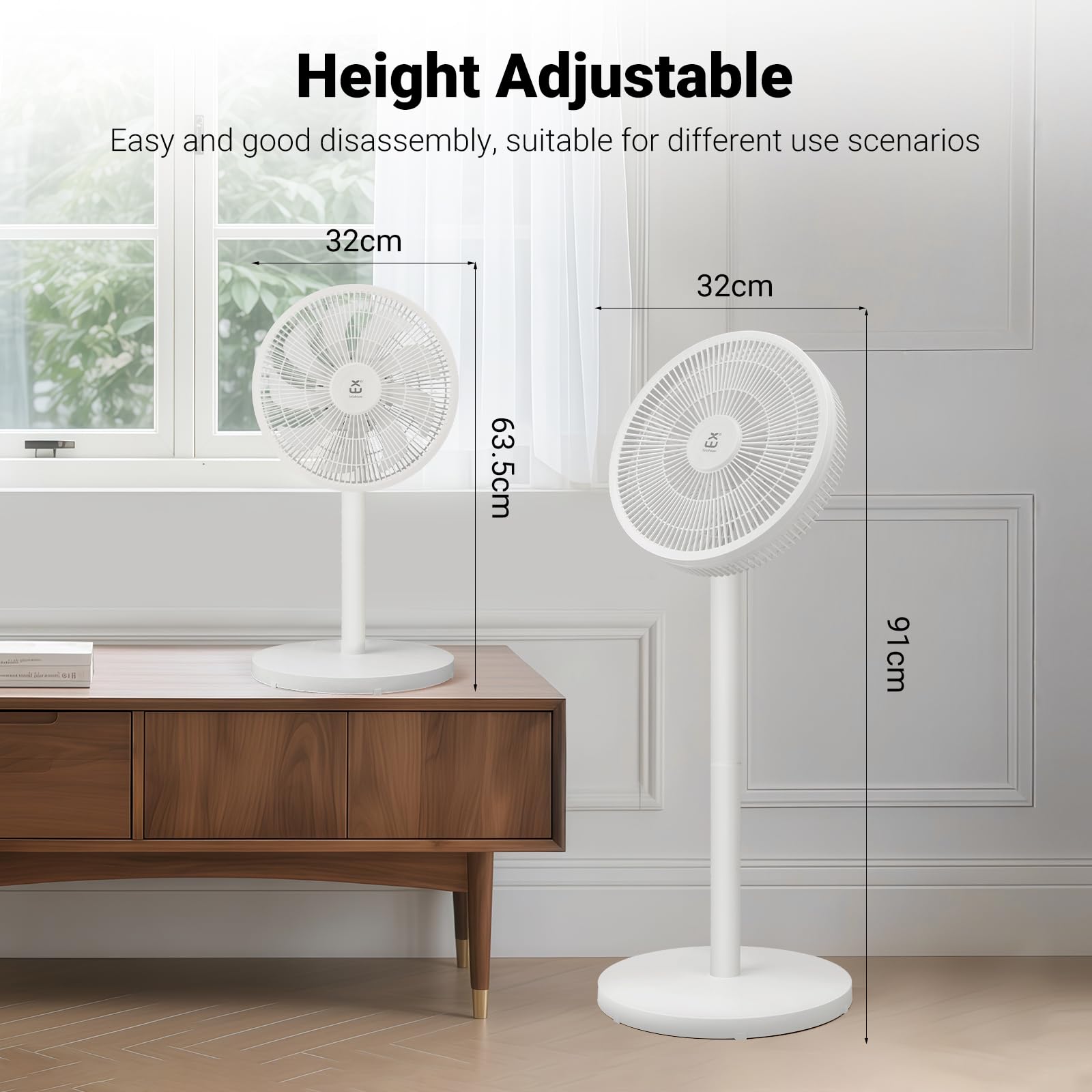 Ventiladores de pie con varilla extraíble, 3 niveles de velocidad, oscilación de 90° + inclinación de 35°, mando a distancia incluido, modo de ahorro de energía de 50W para dormitorio, oficina, salón