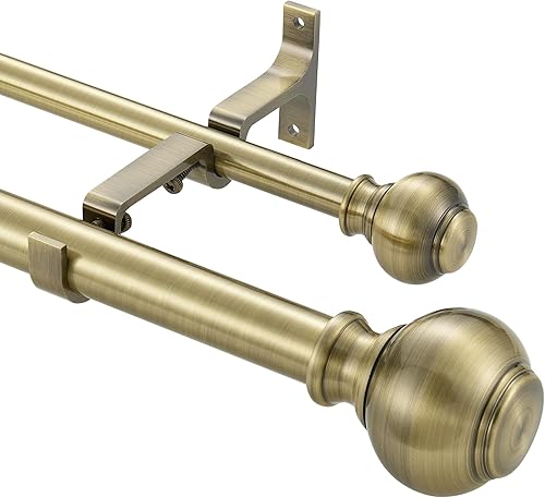 Miniatura 2 de Barras de cortina dobles de 1 pulgada de 36 a 72 pulgadas, barra de cortina de ventana, cortinero ajustable telescópico decorativo de latón antiguo