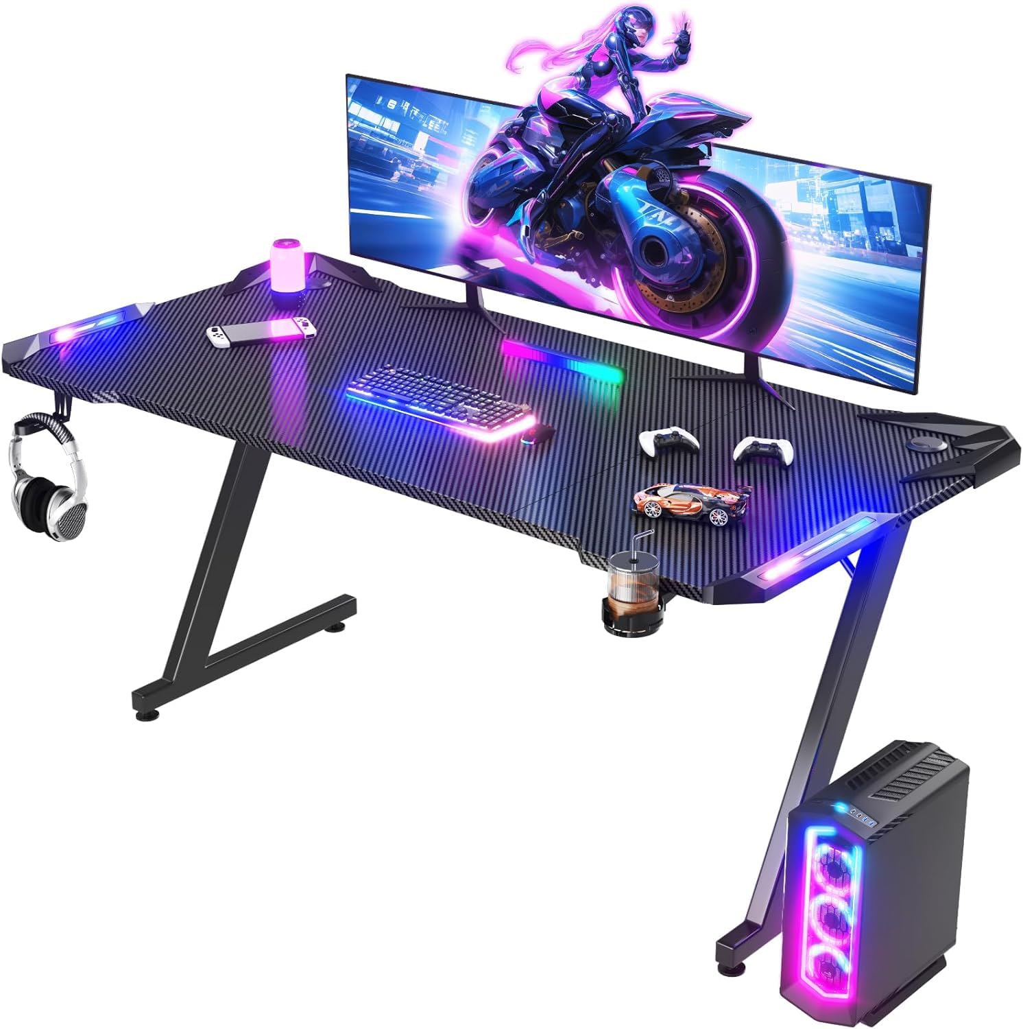 SKY-TOUCH Computer Gaming Desk,Z-Shaped Ergonomic RGB Lights Gaming Desk,for Pc, Workstation, Home, Office with Carbon Fiber Surface,Cup Holder and Headphone Hook,120×60×75cm RGB Multicolor
