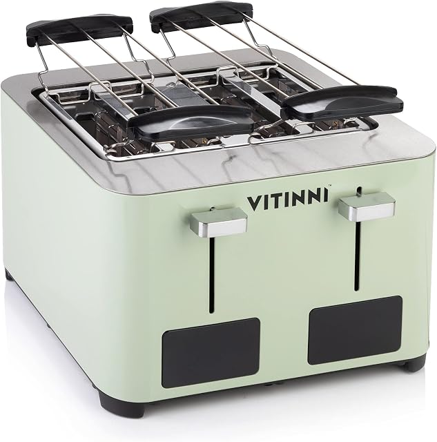 Vitinni Four Slice Toaster | Pastel Green | Extra Wide Slots | White LCD Display | Bun & Croissant Warmer | Te Verde