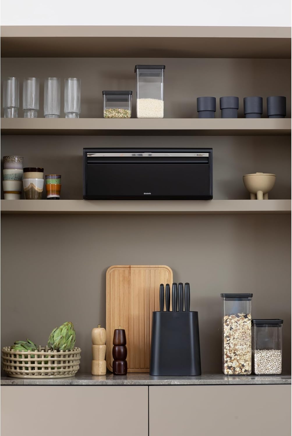 Brabantia Rectangular Fall Front Bread Box | Matt Black | Large Metal Front Opening Bread Store for Kitchen Countertop | Flat Top for Extra Storage, Magnet Closing Lid | Fits 2 Loaves