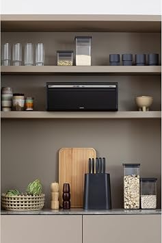 Brabantia Rectangular Fall Front Bread Box | Matt Black | Large Metal Front Opening Bread Store for Kitchen Countertop | Flat Top for Extra Storage, Magnet Closing Lid | Fits 2 Loaves