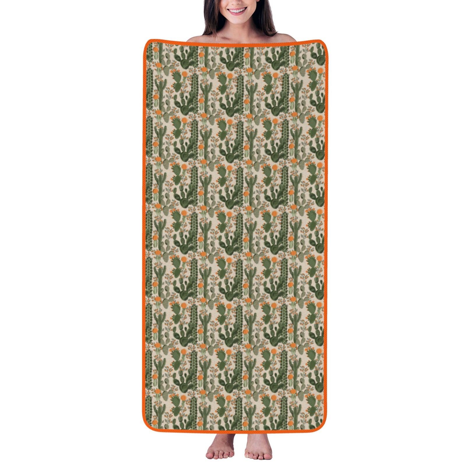 Ztpowqa Women's Orange Green Cactus Print Coral Velvet Bath Towel For Home Gym Lounging Bathroom Spa Hotel Beach Travel