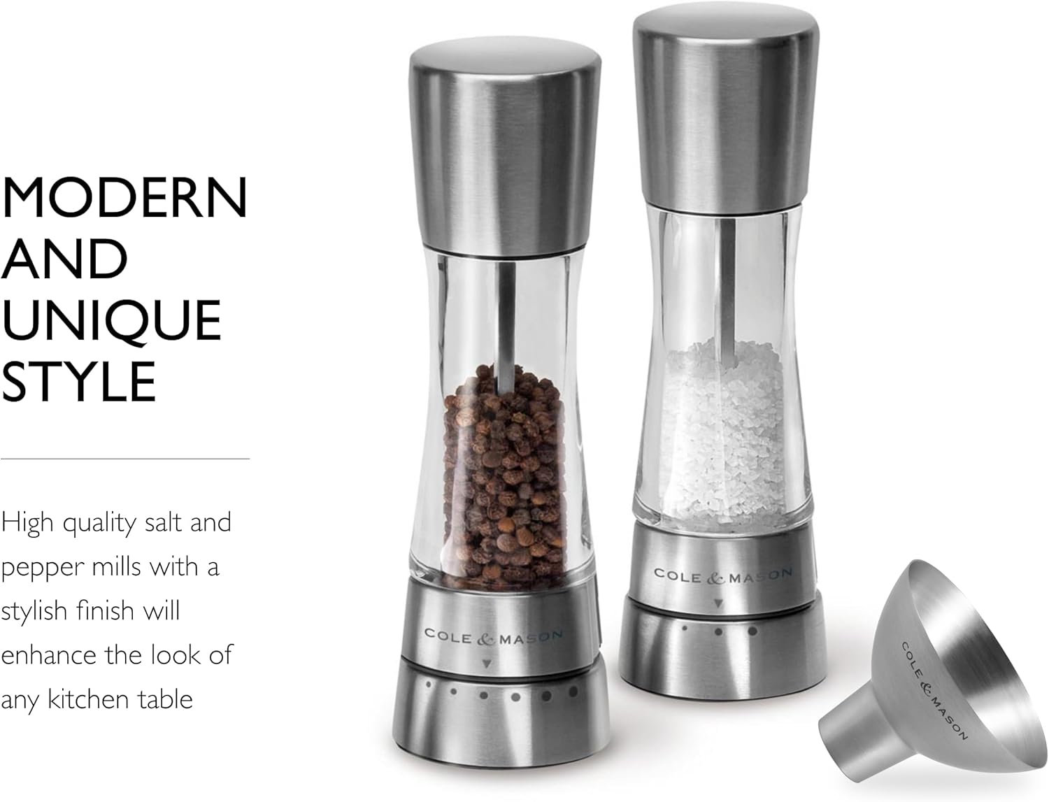 Cole & Mason Derwent Salt & Pepper Grinder Set - Salt & Pepper Grinder Set with Adjustable Grind Settings - Easily Refillable Spice Mills for Enhanced Taste - Stainless Steel with Funnel