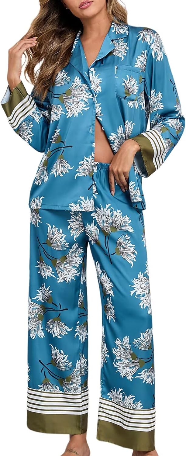Brosloth Womens Silk Pajamas Floral Satin Pj Sets Button Up Long Sleeve Comfy Soft Fall 2 Pieces Lounge Sets