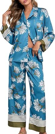 Brosloth Women's Silk Pajamas Floral Satin PJs Set, Long Sleeve, 2 Pieces