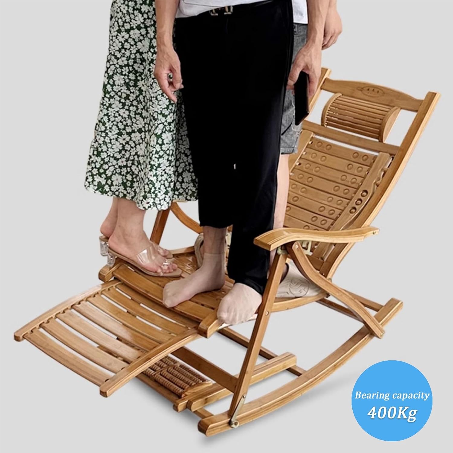 Folding Rocking Chair, Bamboo Rocker Chair with Massage Footrest, Garden Recliner with High Backrest, 5 Reclining Positions, Leisure Armchair, Lounge Chair, Load-Bearing 400KG