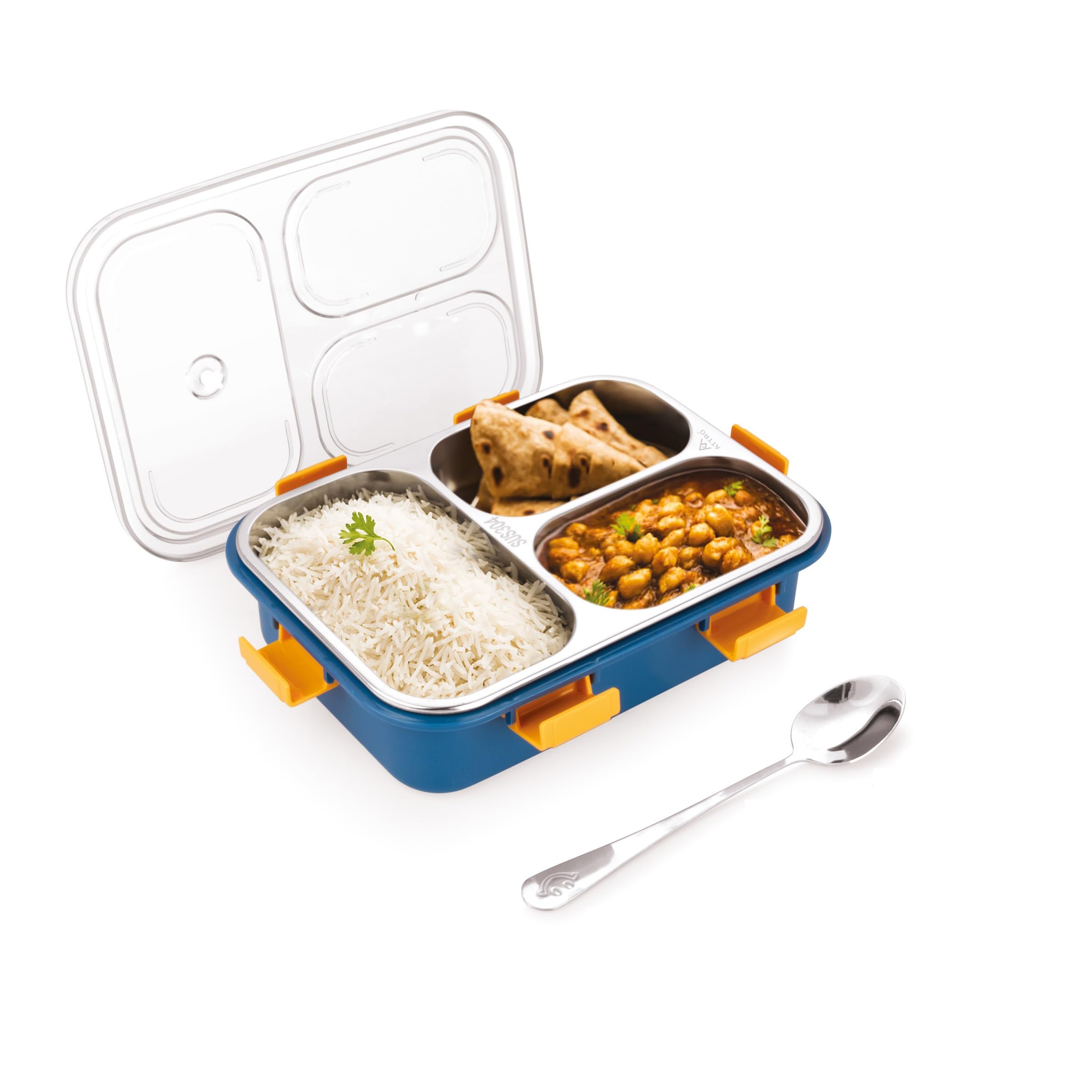 Attro Bento 3 Compartment Stainless Steel Lunch Box with Steel Cutlery Inside, Heating & Water Insulation Design for Office, School & Travelling, 750 Ml - Navy Blue