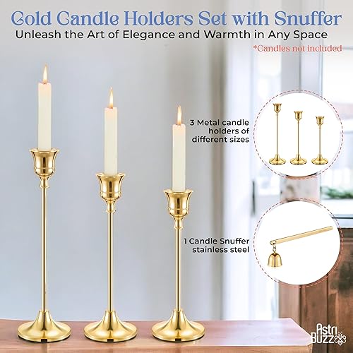 Miniatura 8 de Juego de 3 portavelas, incluye un soplador de velas, portavelas dorado, candelabros dorados, portavelas cónicos