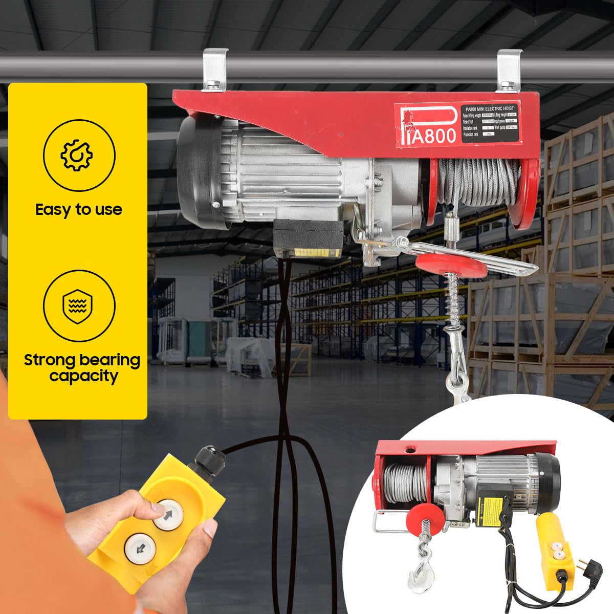 Elektrische Seilwinde 400kg/800kg, Elektrischer Flaschenzug,Hubhöhe 12m Seilzug Elektrischer Kettenzug Motorwinde 1300W mit Kabelfernbedienung, elektrischer Seilhebezug