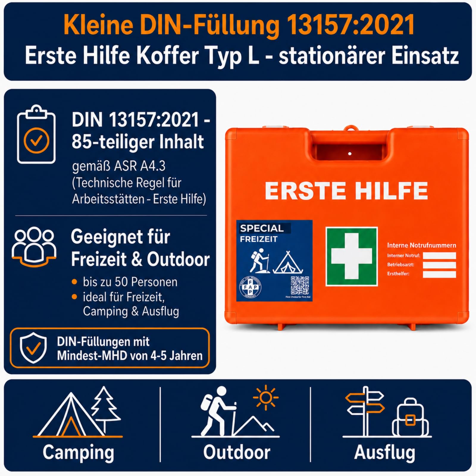 FAP Erste-Hilfe-Koffer Freizeit DIN 13157 gefüllt - orange | Burngel & Kühlspray| Wandern Jugendherberge Pfadfinder Ferienlager Verein Outdoor Camp, Betriebsverbandkasten Wandhalterung -33×42×15 cm