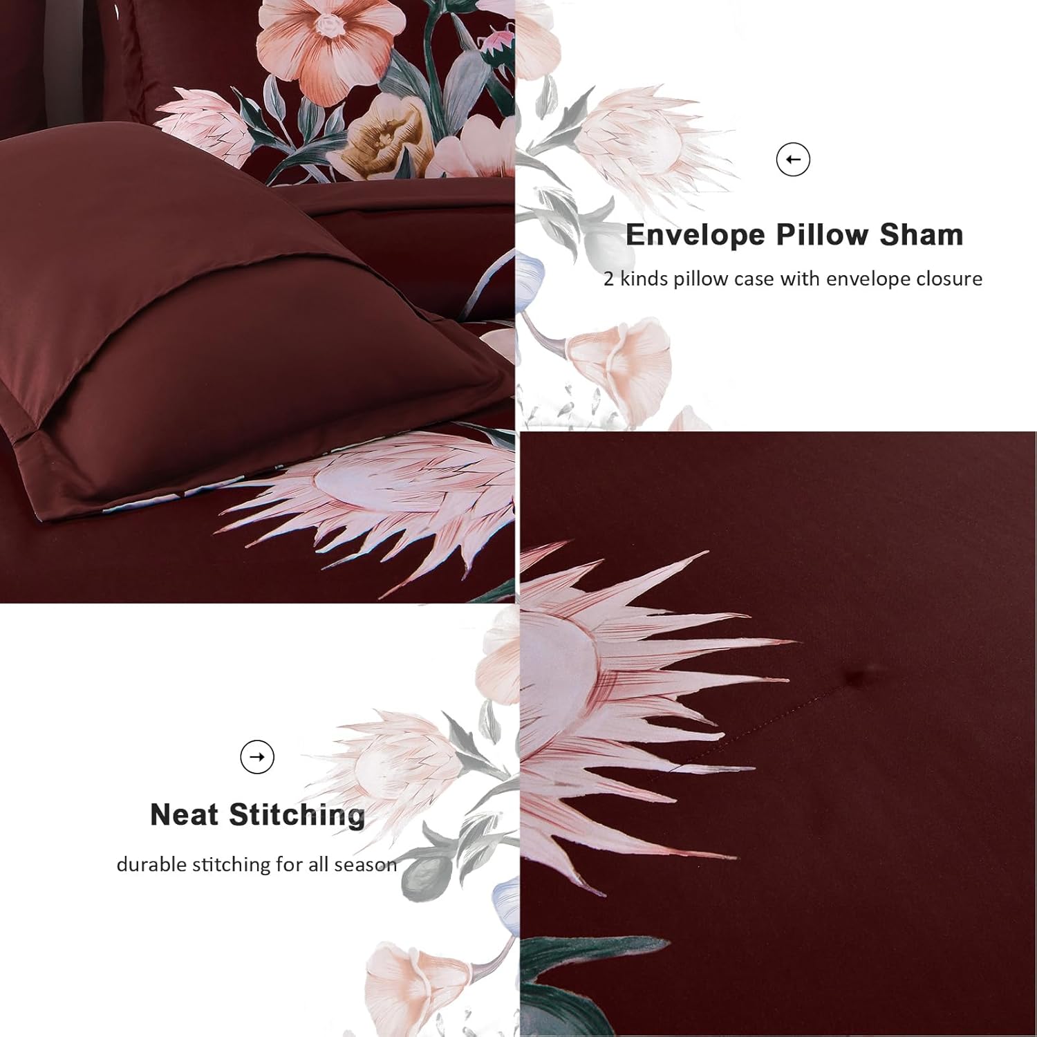 Luxudecor Burgundy Floral Comforter Set Queen Size 7 Piece, Flower Bed in a Bag, Elegant Floral Comforter with Sheet Set, Soft Microfiber Bedding Set for All Season (Burgundy, 90"x90") - Image 6