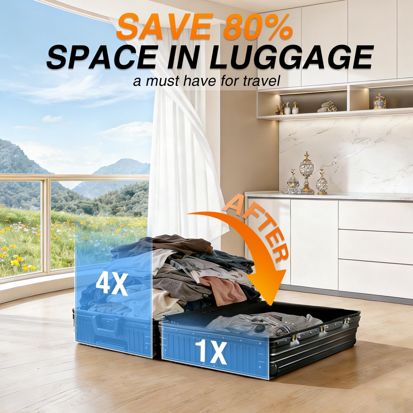 Bolsas de almacenamiento al vacío para viajes con 2 bombas, paquete de 12 bolsas reutilizables para ahorrar espacio con bomba eléctrica recargable y bomba manual que ahorra un 80% de espacio para