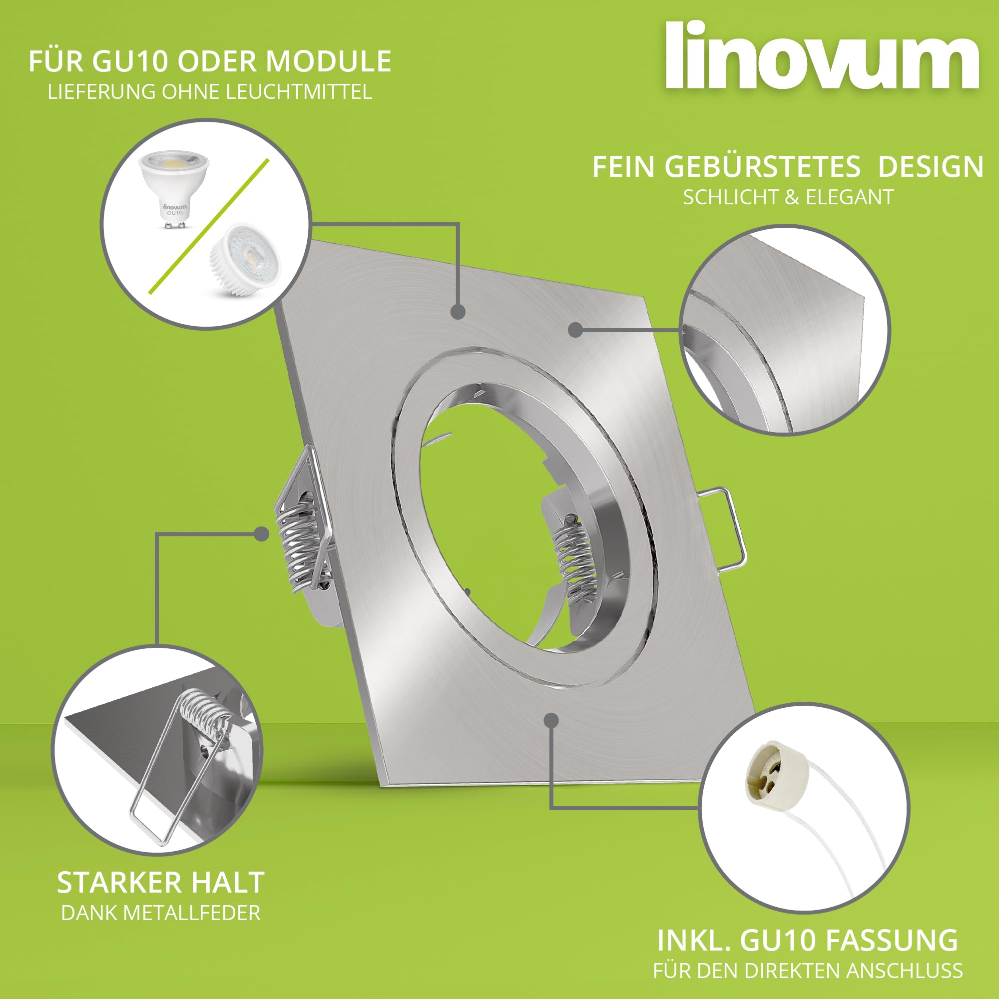 linovum Einbaurahmen 10x silber eckig starr GU10 inkl. Fassung