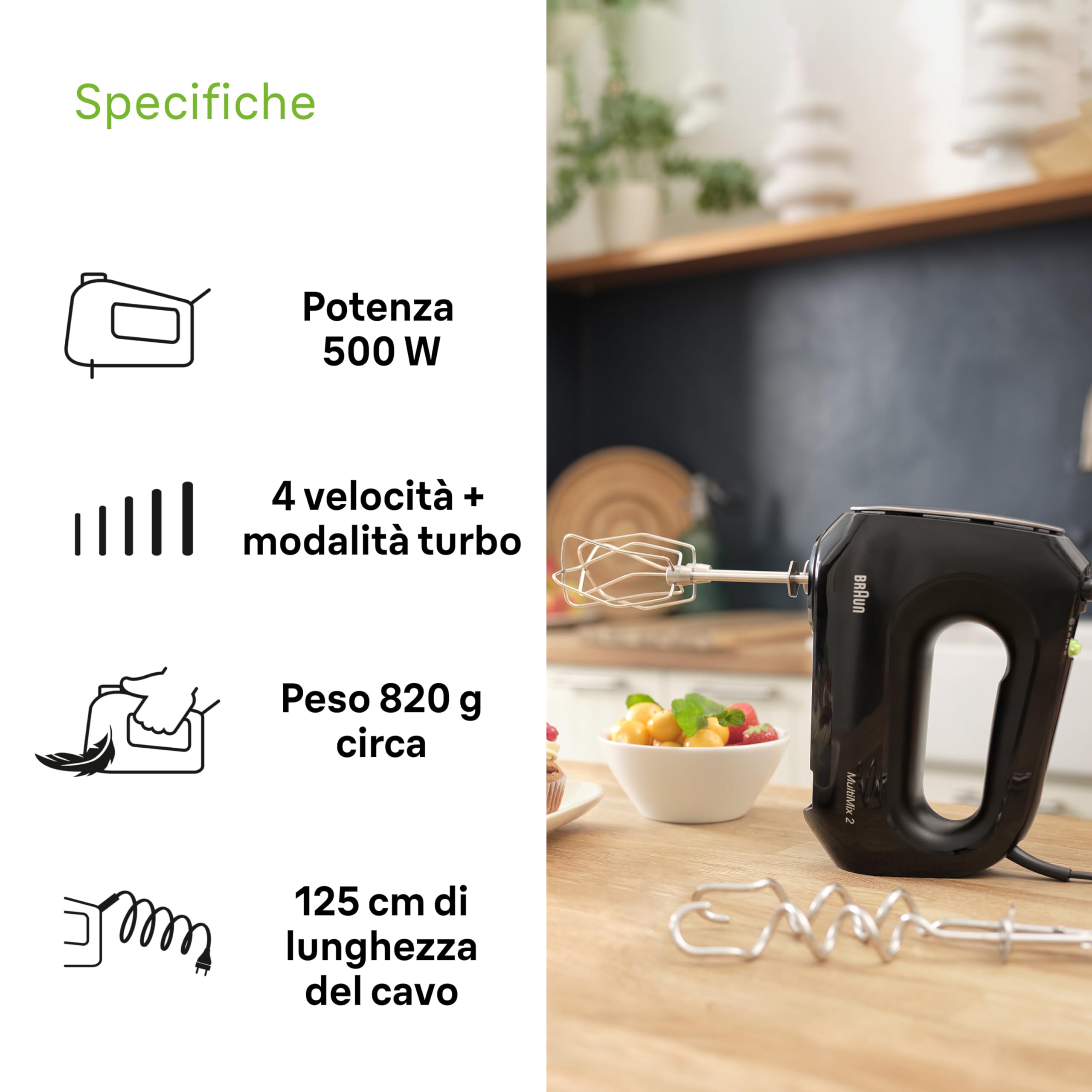 Braun MultiMix 2 HM 2110 BK, Mixer Elettrico Silenzioso con Tecnologia FastMix, 4 Velocità + Turbo, Easy-Click, 2 Fruste e 2 Impastatori Lavabili in Lavastoviglie, 500W, Nero