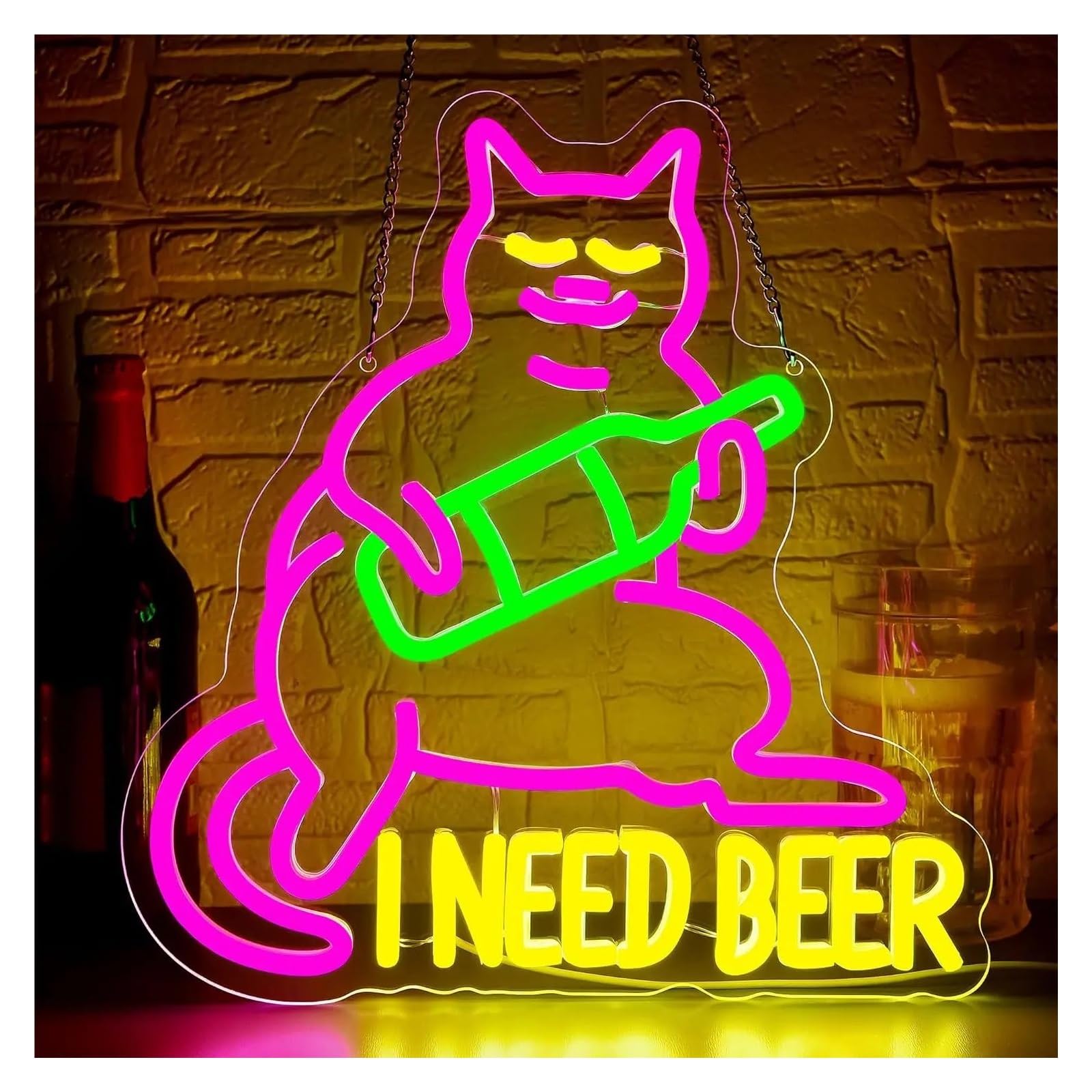 RONGCH Hanging Art Signs I Need Beer Neon Sign Cat LED Light Dimmable for Bar Pub Party Restaurant Shop Man Cave Decor USB Powered Illuminated Lamp 39.5cmx38cm