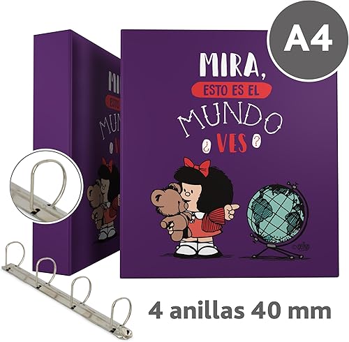 Miniatura 2 de Mafalda 88172638 Mafalda World Collection - Carpeta de anillas A4, 4 anillos mixtos, 1.575 in, ojales en la parte posterior, colección Mafalda World