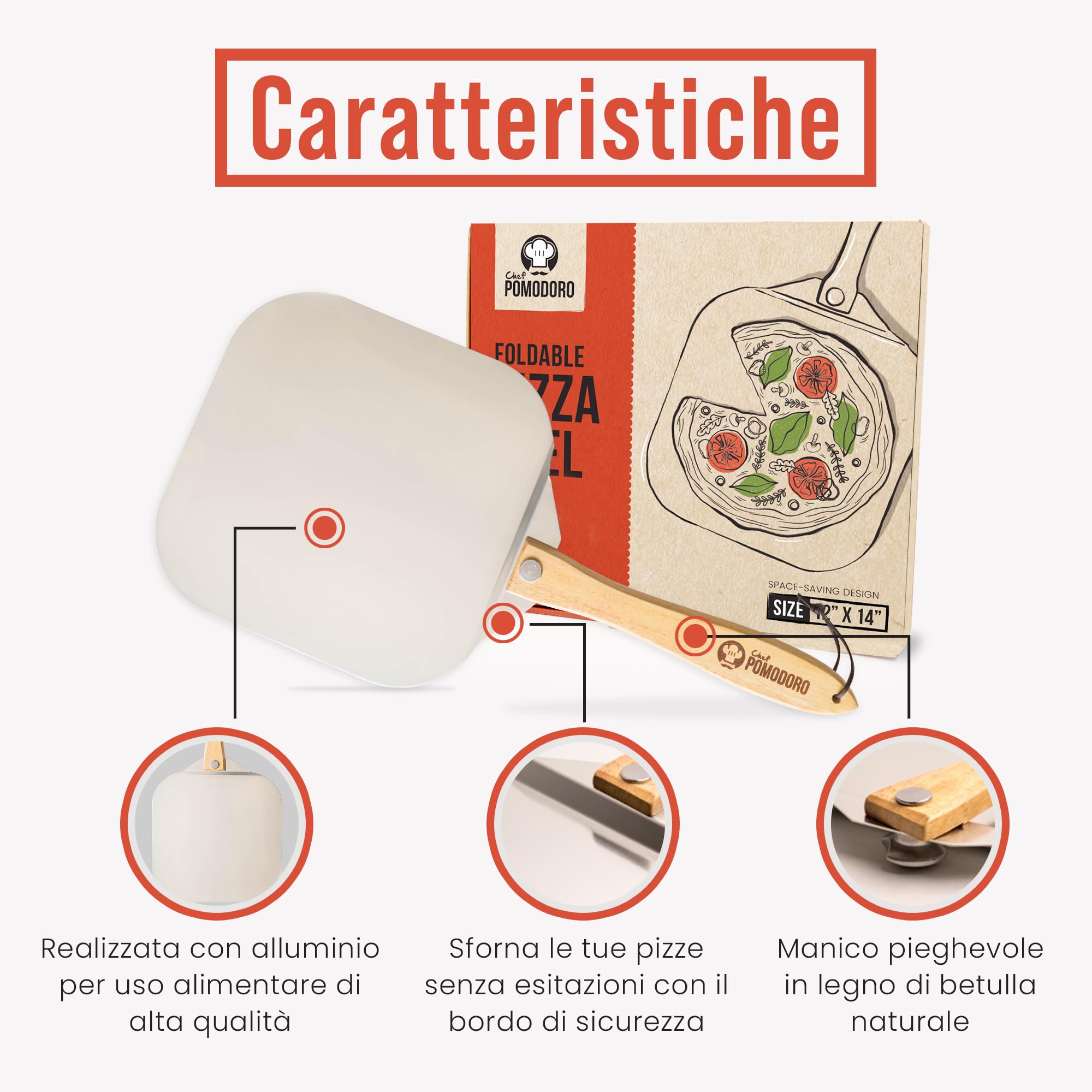 Chef Pomodoro, Pala per Pizza con Manico Pieghevole in Legno (30,5 x 35,6 cm) – Pala per Pizza Corta, Salvaspazio e Comoda da Riporre – Paletta per Pizza e Pane Fatti in Casa – Realizzata in Allumino