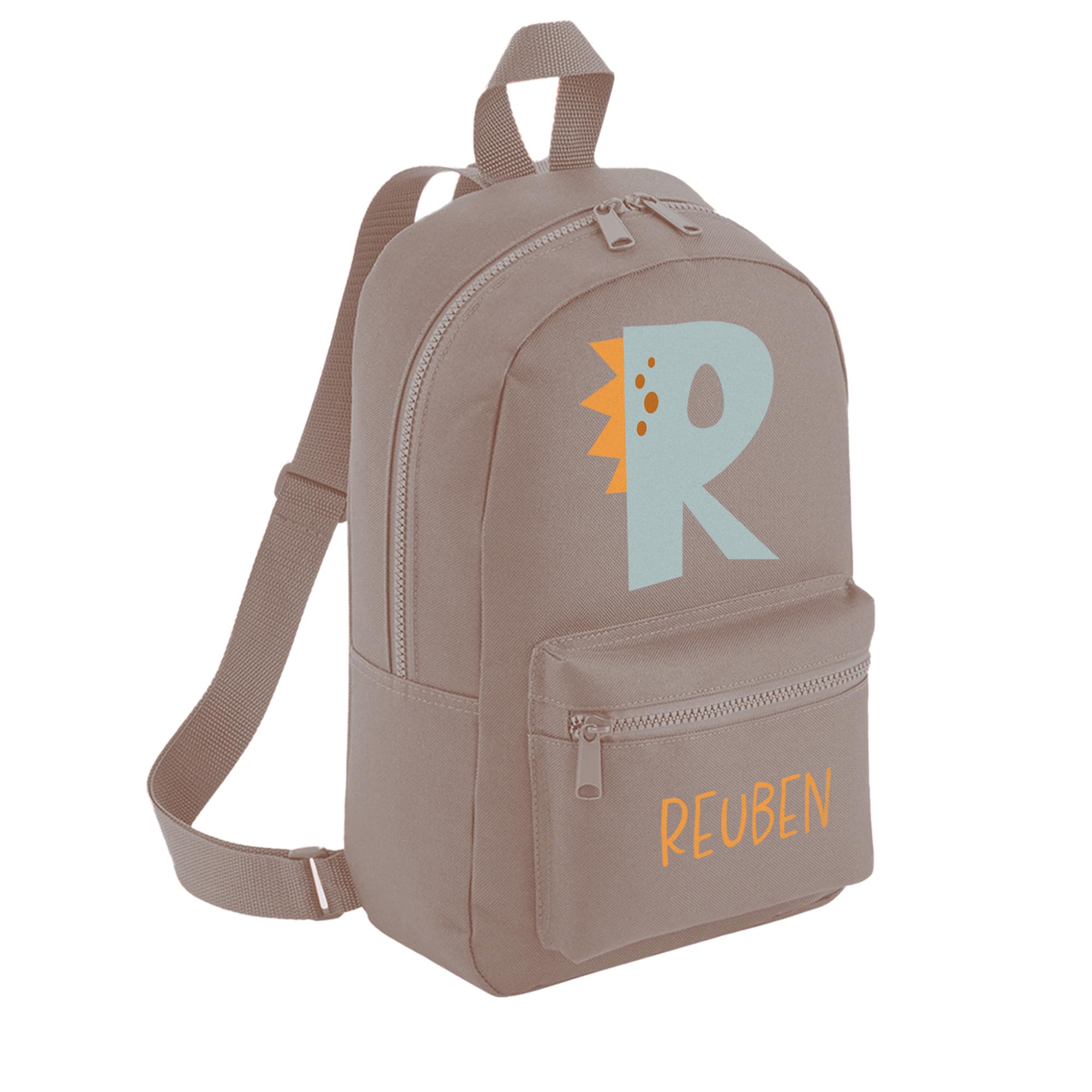 A1 Graphics Ltd Personalised Dinosaur Kids Backpack Custom with Name Choice of Colours Dino Alphabet School Bag with Adjustable Straps For Children & Toddlers (Mushroom)