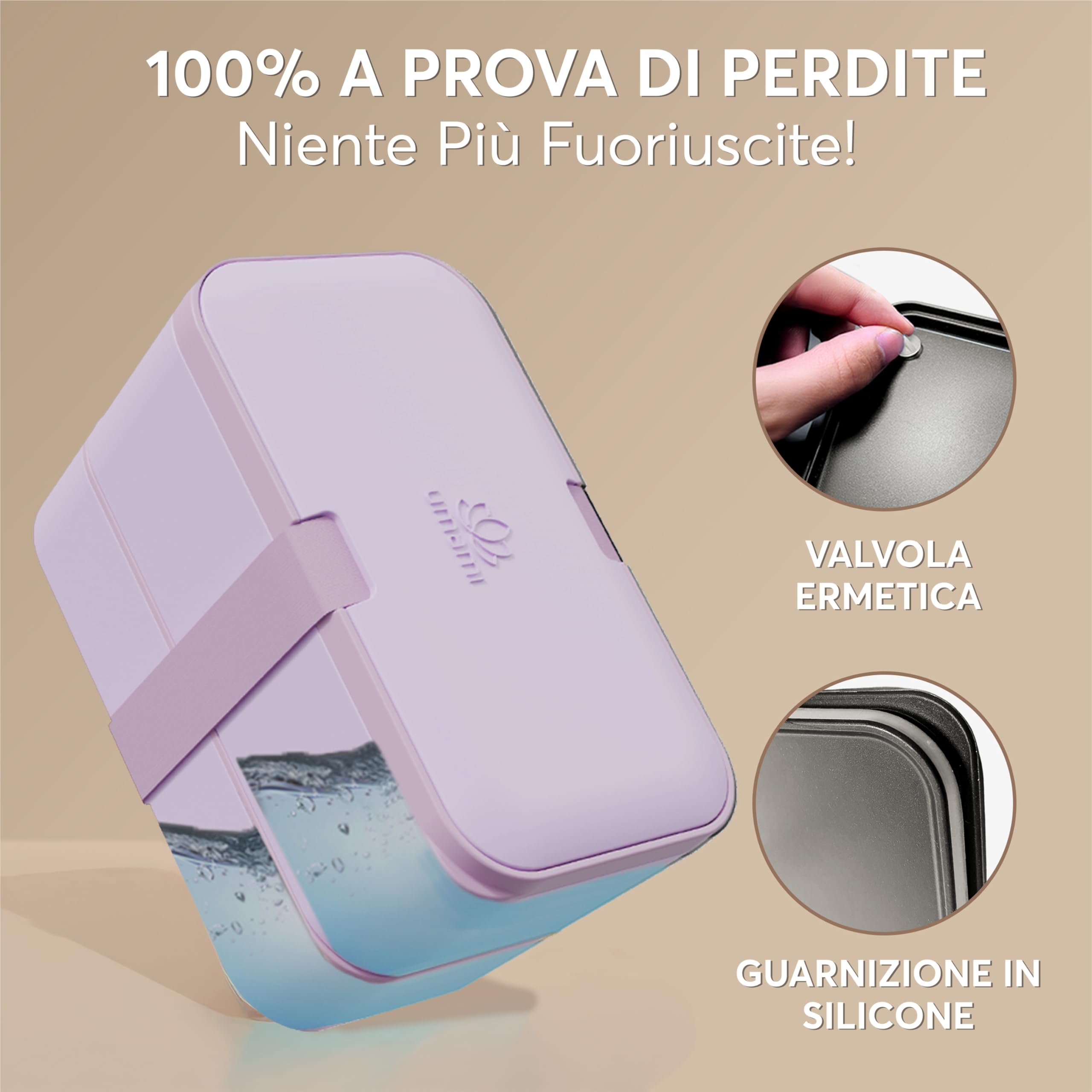 Umami Porta Pranzo Adulti Ermetico, Bento Box con Scomparti e 4 Posate | 1500 ml, impilabile e componibile, microonde e lavastoviglie, ideale per ufficio, picnic, schiscetta Lavanda Viola