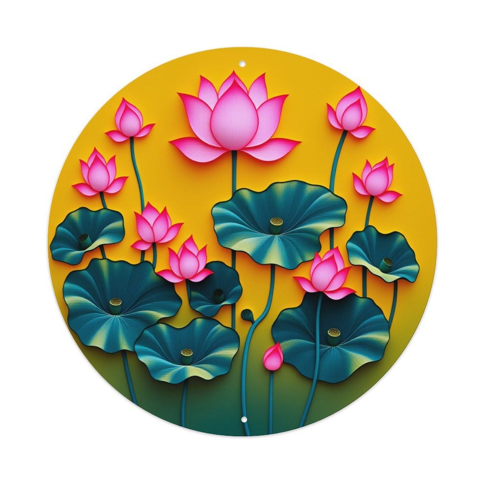 Pink Lotus Flowers With Green Leaves On Yellow Background Round Vintage Tin Sign,Retro Wall Art,Metal Poster for Home, Bar, Garage, Cafe, Rustic Indoor & Outdoor Decor, 8x8 Inches