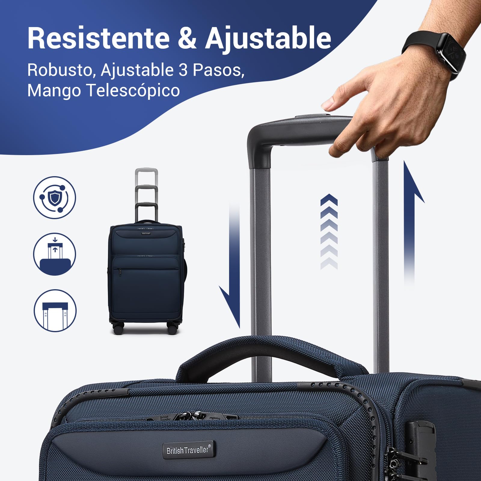 British Traveller Maleta Cabina 57,5cm Trolley Rígido con 4 Ruedas Giratorias y Cerrado TSA, Azul