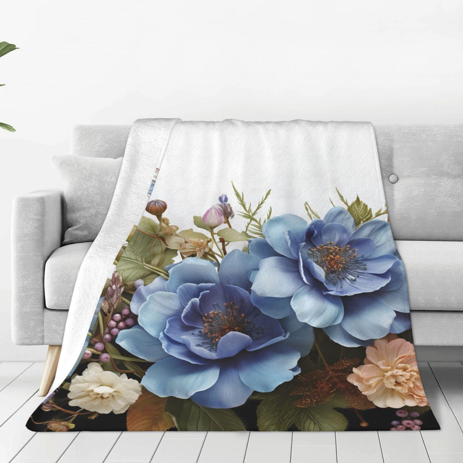 Blue Flowers and Dragonfly Throw Blanket for Couch, Plush Fuzzy Soft Flannel Blankets and Throws for Sofa, 60"x50" Bed Blankets for Travel Camping Chair, All Season Warm Fleece Blanket
