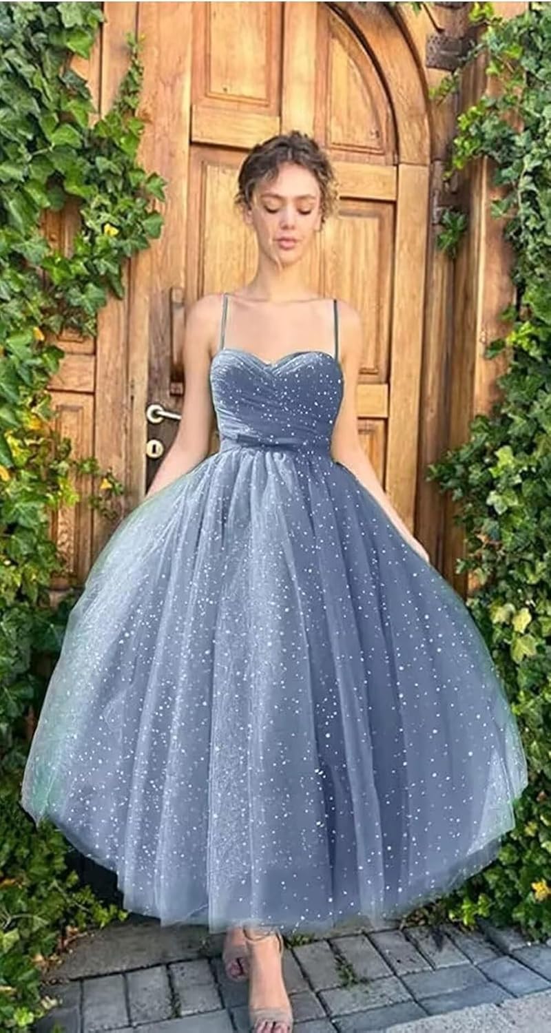 Tea Length Tulle Prom Dress 2026 for Women Formal Sparkly Glitter Party Evening Dress Spaghetti Straps Ball Gown