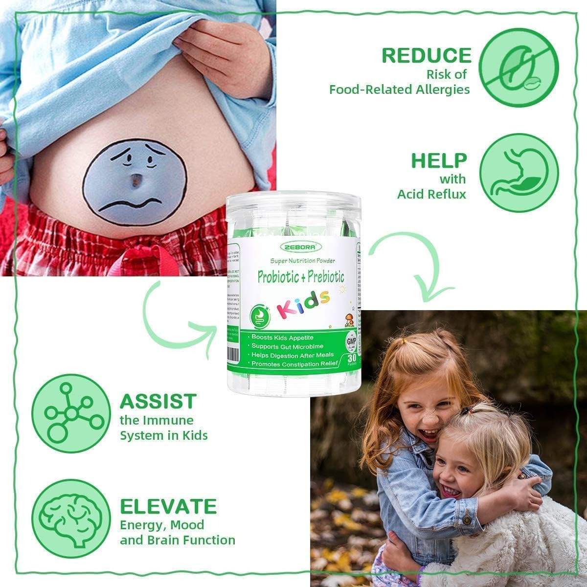 ZEBORA Probiotics for Women, Men and Kids Age 3+, Prebiotics and Probiotics Powder for Digestive and Immune Health – Support Healthy-Respiratory-System Gluten Free and Non GMO, 30 Bags