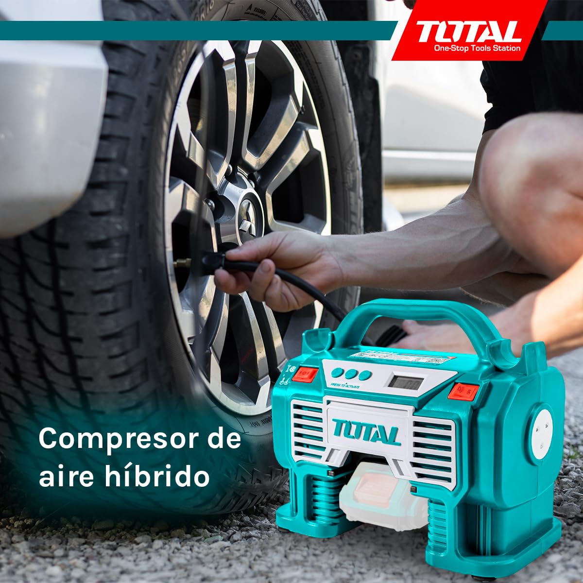 TOTAL - Compresor Híbrido a Batería P20S de 20 V - Bomba de Aire Eléctrica para Inflar Balones, Colchones y Neumáticos - Cargador de 12 V para Coche - Incluye Adaptadores